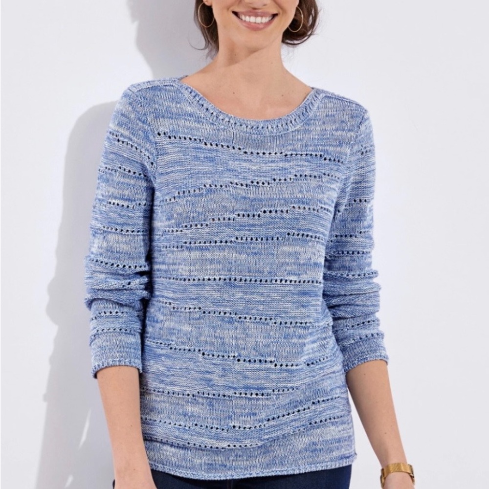 Dana Buchman Lightweight Blue Open Knit Texture Crew Neck Sweater Sz M Boho Beac